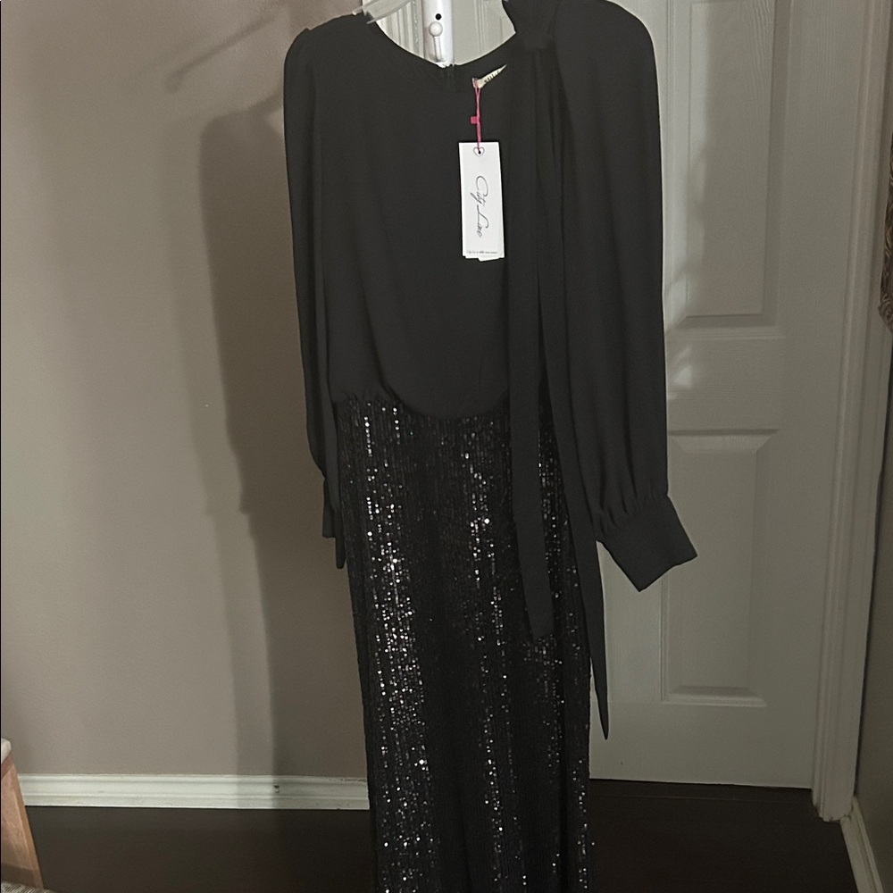 Black Long Sleeve Dress with Sequin Skirt